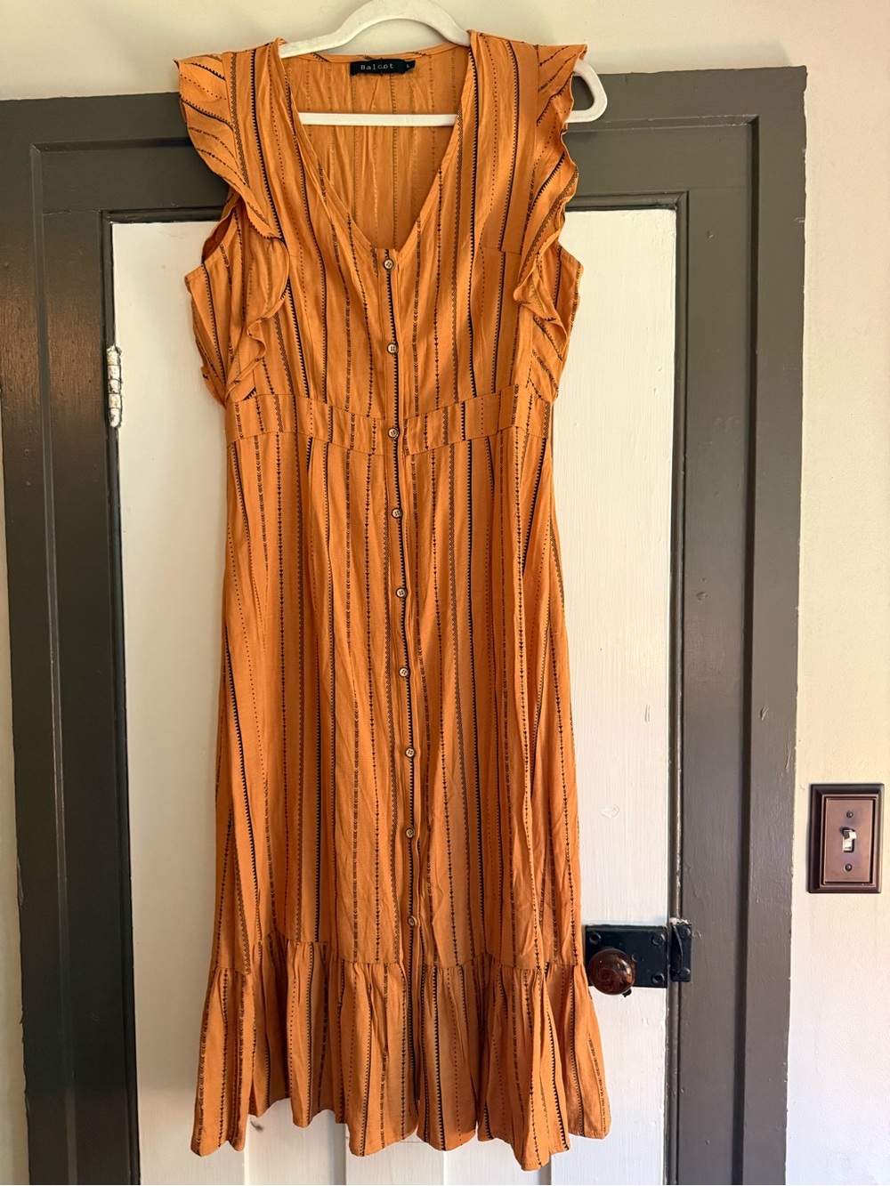 Mustard Striped Button-Front Ruffle Midi Dress